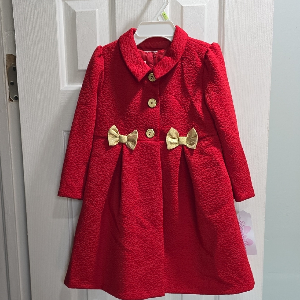Bonnie Jean Red Coat with Gold Bow Accents and Plaid Dress Kid Size 4T